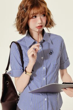 Plaid Embroidered Short Sleeve Shirt for Women - American College Style Waist-Cinching Slim Fit Summer Top