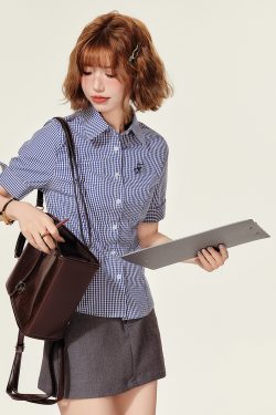Plaid Embroidered Short Sleeve Shirt for Women - American College Style Waist-Cinching Slim Fit Summer Top