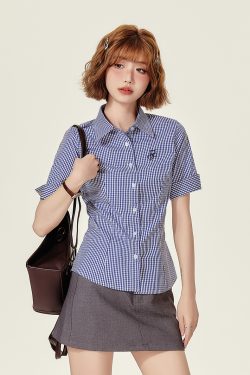 Plaid Embroidered Short Sleeve Shirt for Women - American College Style Waist-Cinching Slim Fit Summer Top