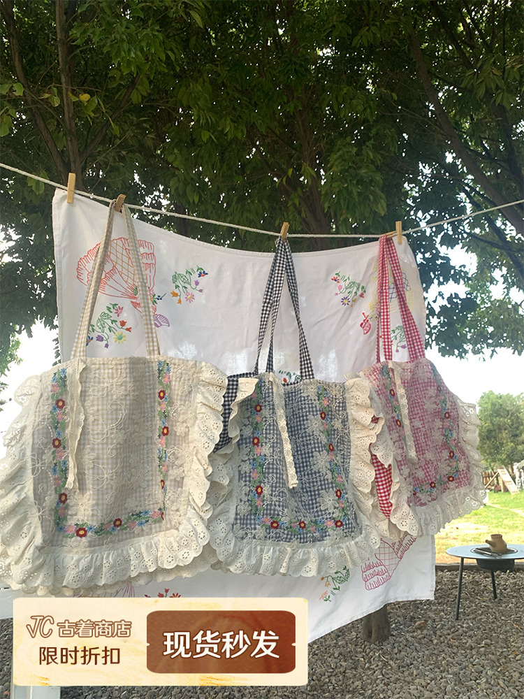 Plaid Lace Trim One-Shoulder Crossbody Bag - Women's Summer Canvas Bag with Floral Design, Vintage Style Plaid Lace Trim One-Shoulder Crossbody Bag - Women's Summer Canvas Bag with Floral Design, Vintage Style