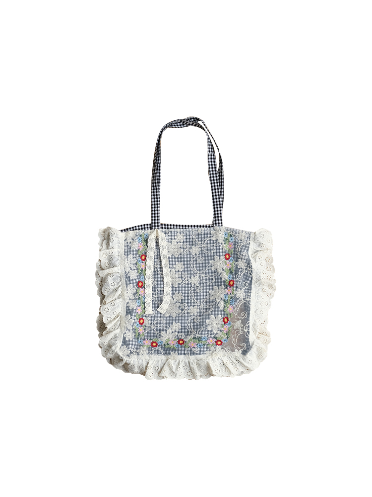 Plaid Lace Trim One-Shoulder Crossbody Bag - Women's Summer Canvas Bag with Floral Design, Vintage Style Plaid Lace Trim One-Shoulder Crossbody Bag - Women's Summer Canvas Bag with Floral Design, Vintage Style