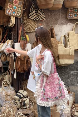 Plaid Lace Trim One-Shoulder Crossbody Bag - Women's Summer Canvas Bag with Floral Design, Vintage Style