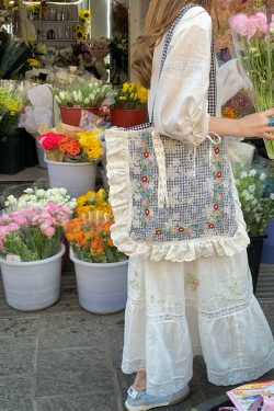 Plaid Lace Trim One-Shoulder Crossbody Bag - Women's Summer Canvas Bag with Floral Design, Vintage Style