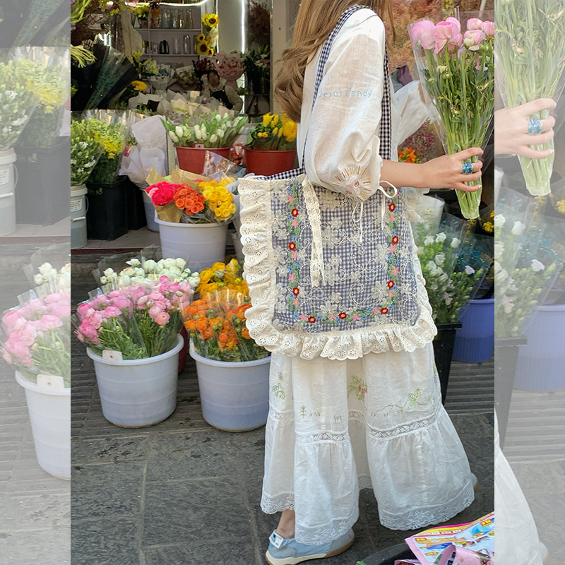 Plaid Lace Trim One-Shoulder Crossbody Bag - Women's Summer Canvas Bag with Floral Design, Vintage Style Plaid Lace Trim One-Shoulder Crossbody Bag - Women's Summer Canvas Bag with Floral Design, Vintage Style