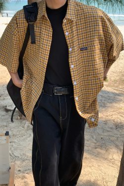 Plaid Short Sleeve Shirt for Women - Handmade Vintage Style - Loose Casual Summer Top - Versatile Niche Trend