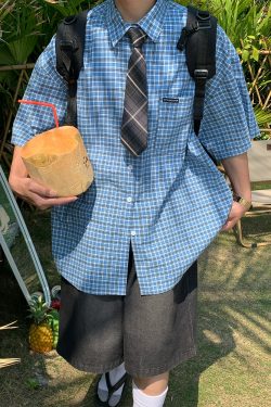 Plaid Short Sleeve Shirt for Women - Handmade Vintage Style, Loose Casual Fit, Versatile Summer Trend