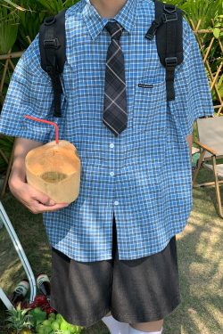 Plaid Short Sleeve Shirt for Women - Handmade Vintage Style, Loose Casual Fit, Versatile Summer Trend