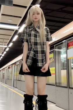 Plaid Short-Sleeve Shirt Jacket for Women - Irregular Button-Up, Slim Fit, American Style, 2025 Summer Fashion