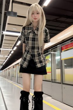 Plaid Short-Sleeve Shirt Jacket for Women - Irregular Button-Up, Slim Fit, American Style, 2025 Summer Fashion
