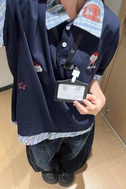 Plaid Spliced Embroidered Puppy Fake Two-Piece Polo Shirt - Women's Short Sleeve T-Shirt for Summer College Style