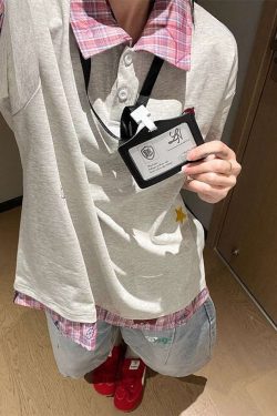 Plaid Spliced Embroidered Puppy Fake Two-Piece Polo Shirt - Women's Short Sleeve T-Shirt for Summer College Style