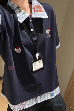 Plaid Spliced Embroidered Puppy Fake Two-Piece Polo Shirt - Women's Short Sleeve T-Shirt for Summer College Style