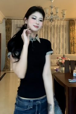 Plaid Splicing Polo Shirt T-Shirt for Women - Short Sleeve Slim Fit Summer Top - American Style Spicy Girl Look