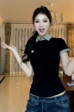 Plaid Splicing Polo Shirt T-Shirt for Women - Short Sleeve Slim Fit Summer Top - American Style Spicy Girl Look