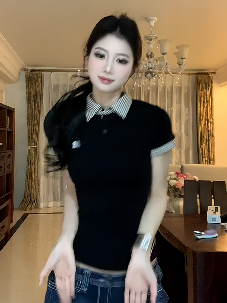 Plaid Splicing Polo Shirt T-Shirt for Women - Short Sleeve Slim Fit Summer Top - American Style Spicy Girl Look Plaid Splicing Polo Shirt T-Shirt for Women - Short Sleeve Slim Fit Summer Top - American Style Spicy Girl Look