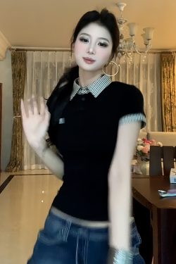 Plaid Splicing Polo Shirt T-Shirt for Women - Short Sleeve Slim Fit Summer Top - American Style Spicy Girl Look