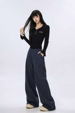 Plaid Wide-Leg Casual Pants for Women - Summer Thin Straight Loose BF Style, Beer Team Captain Inspired Fashion