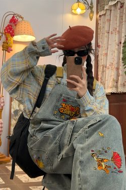 Playful Vintage Washed Blue Denim Overalls Unisex Jumpsuit - Retro Style Versatile Fashion for 90s & Y2K Aesthetic