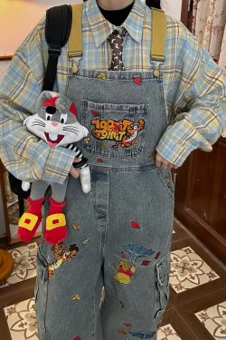 Playful Vintage Washed Blue Denim Overalls Unisex Jumpsuit - Retro Style Versatile Fashion for 90s & Y2K Aesthetic