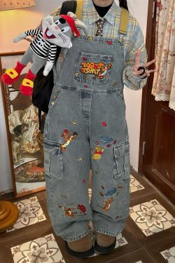 Playful Vintage Washed Blue Denim Overalls Unisex Jumpsuit - Retro Style Versatile Fashion for 90s & Y2K Aesthetic