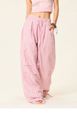 Pleated Checkered Casual Cargo Pants for Women - Summer Thin Wide-Leg Trousers - Y2K Inspired Floor-Length Fashion