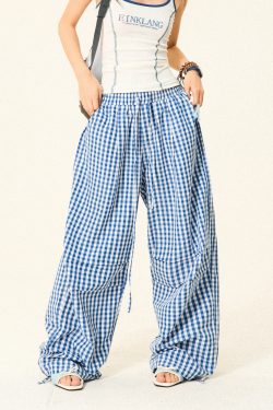 Pleated Checkered Casual Cargo Pants for Women - Summer Thin Wide-Leg Trousers - Y2K Inspired Floor-Length Fashion