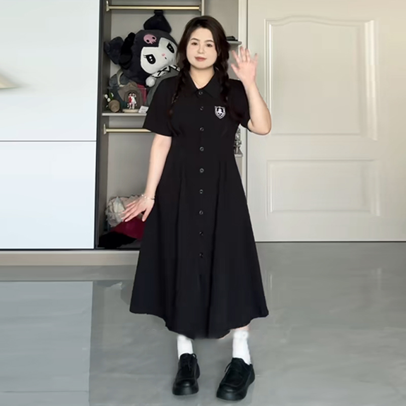 Plus-Size A-Line Hepburn-Style Summer Dress with Polo Collar, Waist-Cinching and Flattering for Curvy Women, Retro Fashion Plus-Size A-Line Hepburn-Style Summer Dress with Polo Collar, Waist-Cinching and Flattering for Curvy Women, Retro Fashion