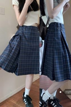 Plus Size A-Line Plaid High-Waisted Mid-Length Pleated Skirt - Women's American College Style Umbrella Skirt