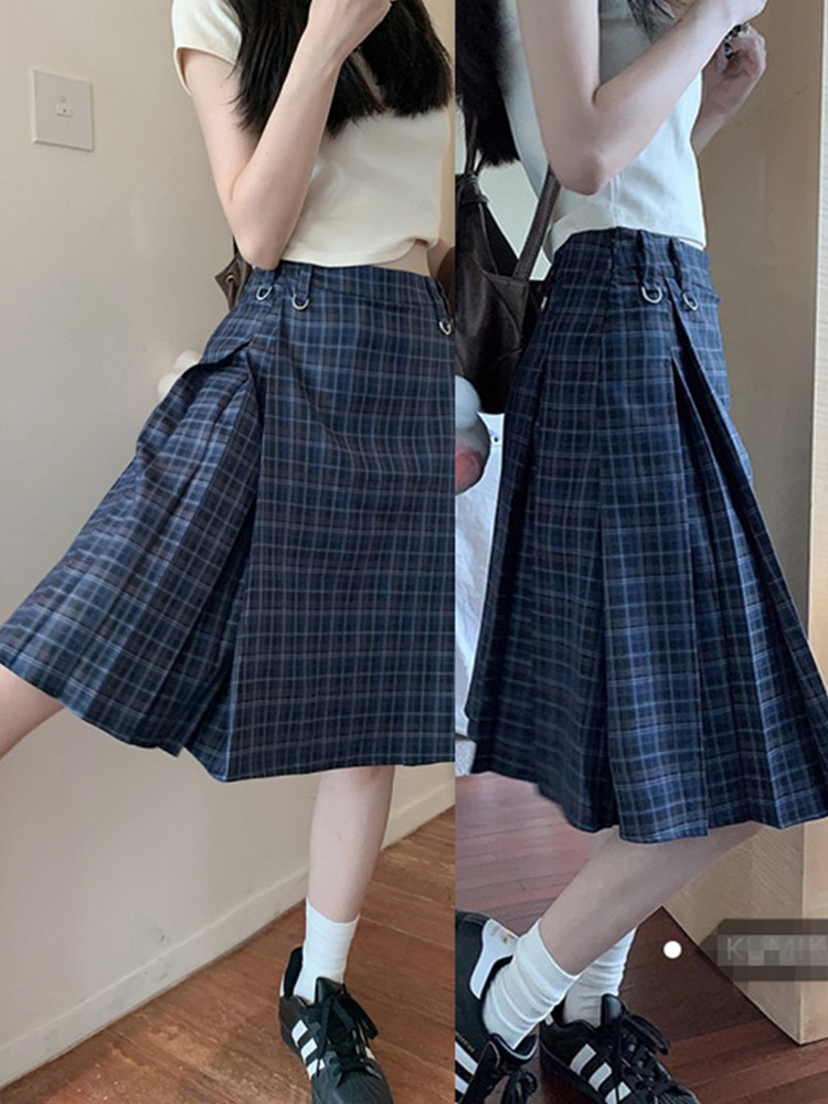 Plus Size A-Line Plaid High-Waisted Mid-Length Pleated Skirt - Women's American College Style Umbrella Skirt Plus Size A-Line Plaid High-Waisted Mid-Length Pleated Skirt - Women's American College Style Umbrella Skirt