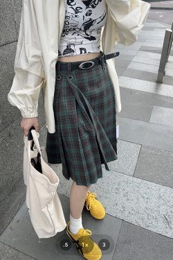 Plus Size A-Line Plaid High-Waisted Mid-Length Pleated Skirt - Women's American College Style Umbrella Skirt