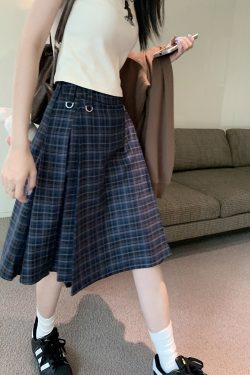 Plus Size A-Line Plaid High-Waisted Mid-Length Pleated Skirt - Women's American College Style Umbrella Skirt