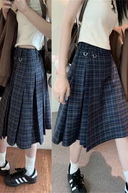 Plus Size A-Line Plaid High-Waisted Mid-Length Pleated Skirt - Women's American College Style Umbrella Skirt