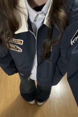 Plus Size American Retro Embroidered Patch Color-Blocking Lapel Jacket for Women - Spring Autumn Baseball Style for Curvy Fits