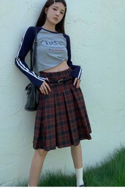 Plus Size American Retro Plaid Pleated Skirt for Women - Mid-Length Red Checkered Spring Summer Fashion