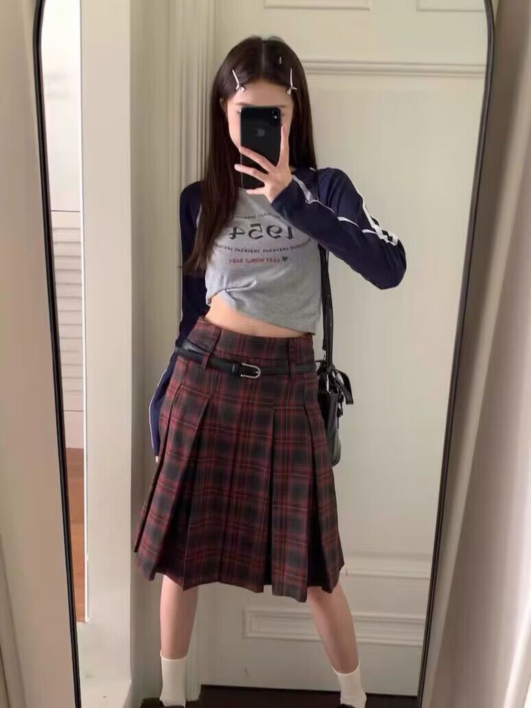 Plus Size American Retro Plaid Pleated Skirt for Women - Mid-Length Red Checkered Spring Summer Fashion Plus Size American Retro Plaid Pleated Skirt for Women - Mid-Length Red Checkered Spring Summer Fashion