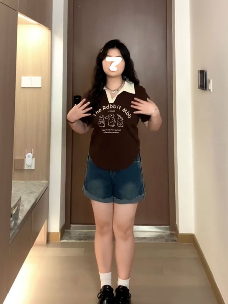 Plus Size American Retro Short Sleeve Polo Collar V-Neck Cropped T-Shirt for Women - Flattering Summer Top for Curvy Figures Plus Size American Retro Short Sleeve Polo Collar V-Neck Cropped T-Shirt for Women - Flattering Summer Top for Curvy Figures