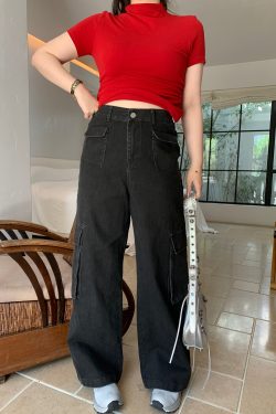 Plus Size American Retro Straight-Leg Multi-Pocket Wide-Leg Casual Work Pants for a Cool 90s Vibe
