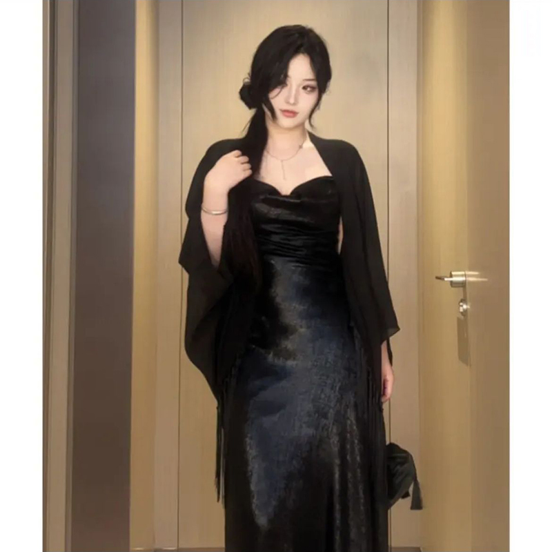 Plus-Size Backless Draped Strap Dress Set with Shawl - Flattering Long Skirt for Summer, Sexy Pure Desire Style Plus-Size Backless Draped Strap Dress Set with Shawl - Flattering Long Skirt for Summer, Sexy Pure Desire Style