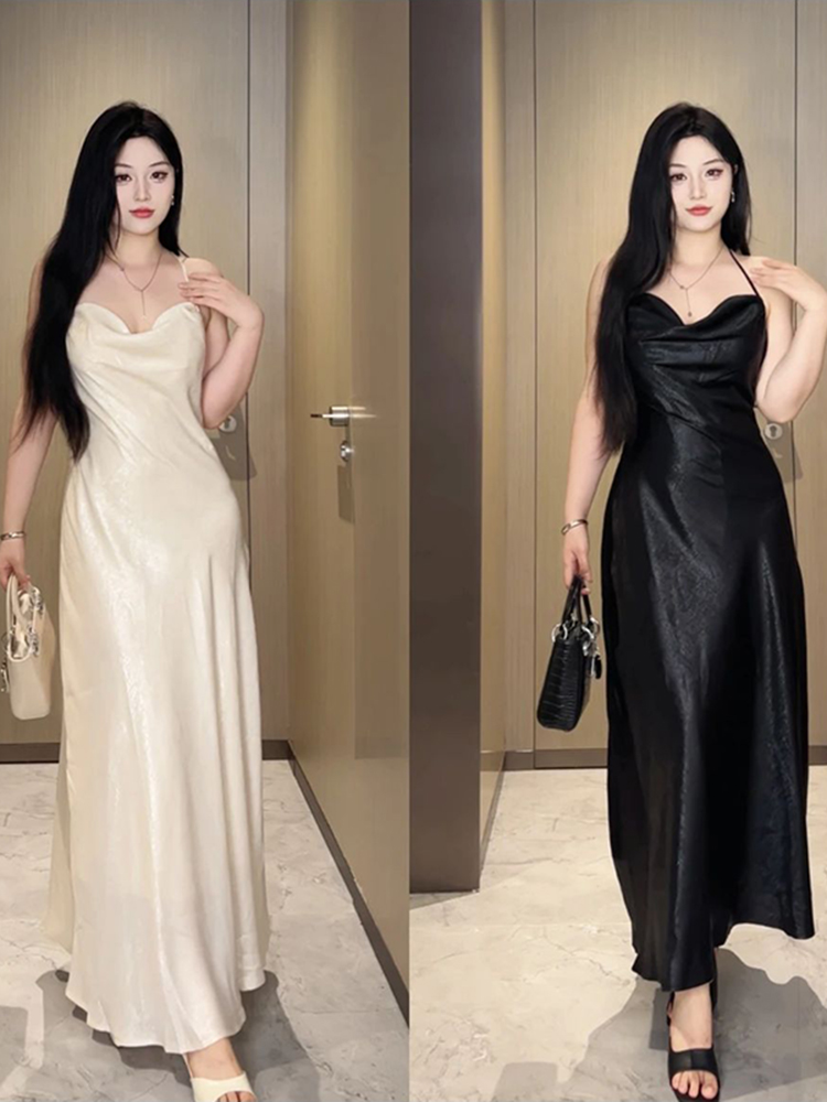 Plus-Size Backless Draped Strap Dress Set with Shawl - Flattering Long Skirt for Summer, Sexy Pure Desire Style Plus-Size Backless Draped Strap Dress Set with Shawl - Flattering Long Skirt for Summer, Sexy Pure Desire Style