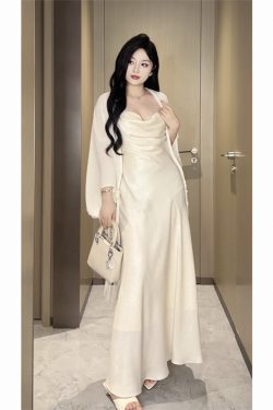 Plus-Size Backless Draped Strap Dress Set with Shawl - Flattering Long Skirt for Summer, Sexy Pure Desire Style