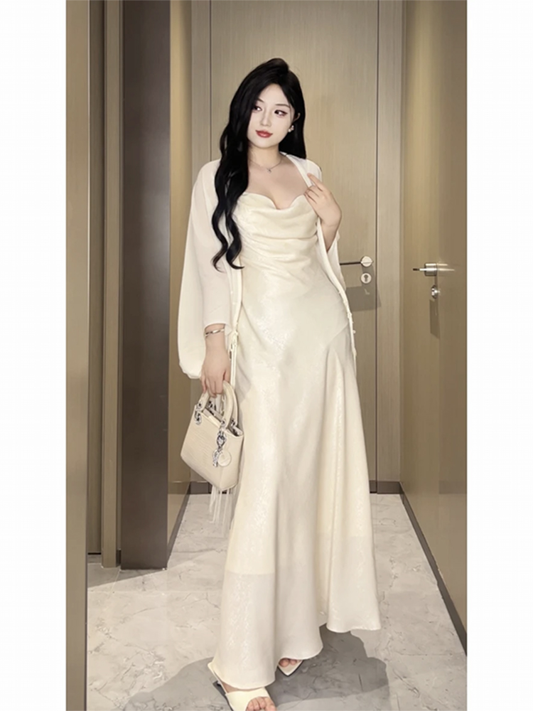 Plus-Size Backless Draped Strap Dress Set with Shawl - Flattering Long Skirt for Summer, Sexy Pure Desire Style Plus-Size Backless Draped Strap Dress Set with Shawl - Flattering Long Skirt for Summer, Sexy Pure Desire Style