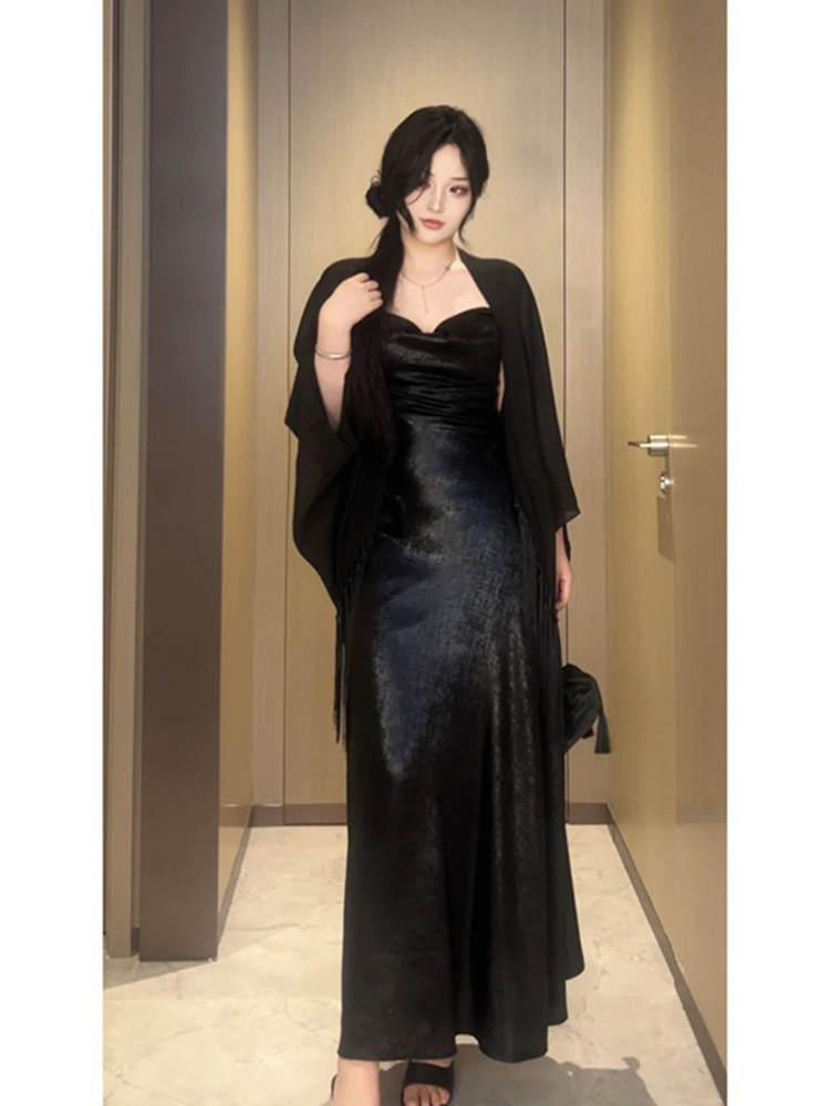 Plus-Size Backless Draped Strap Dress Set with Shawl - Flattering Long Skirt for Summer, Sexy Pure Desire Style Plus-Size Backless Draped Strap Dress Set with Shawl - Flattering Long Skirt for Summer, Sexy Pure Desire Style