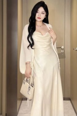 Plus-Size Backless Draped Strap Dress Set with Shawl - Flattering Long Skirt for Summer, Sexy Pure Desire Style