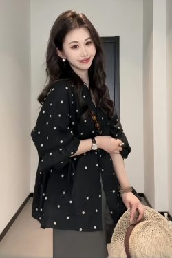 Plus-Size Black Polka Dot Long Sleeve Top with Lantern Sleeves - Minimalist Linen Spring Shirt for Curvy Women