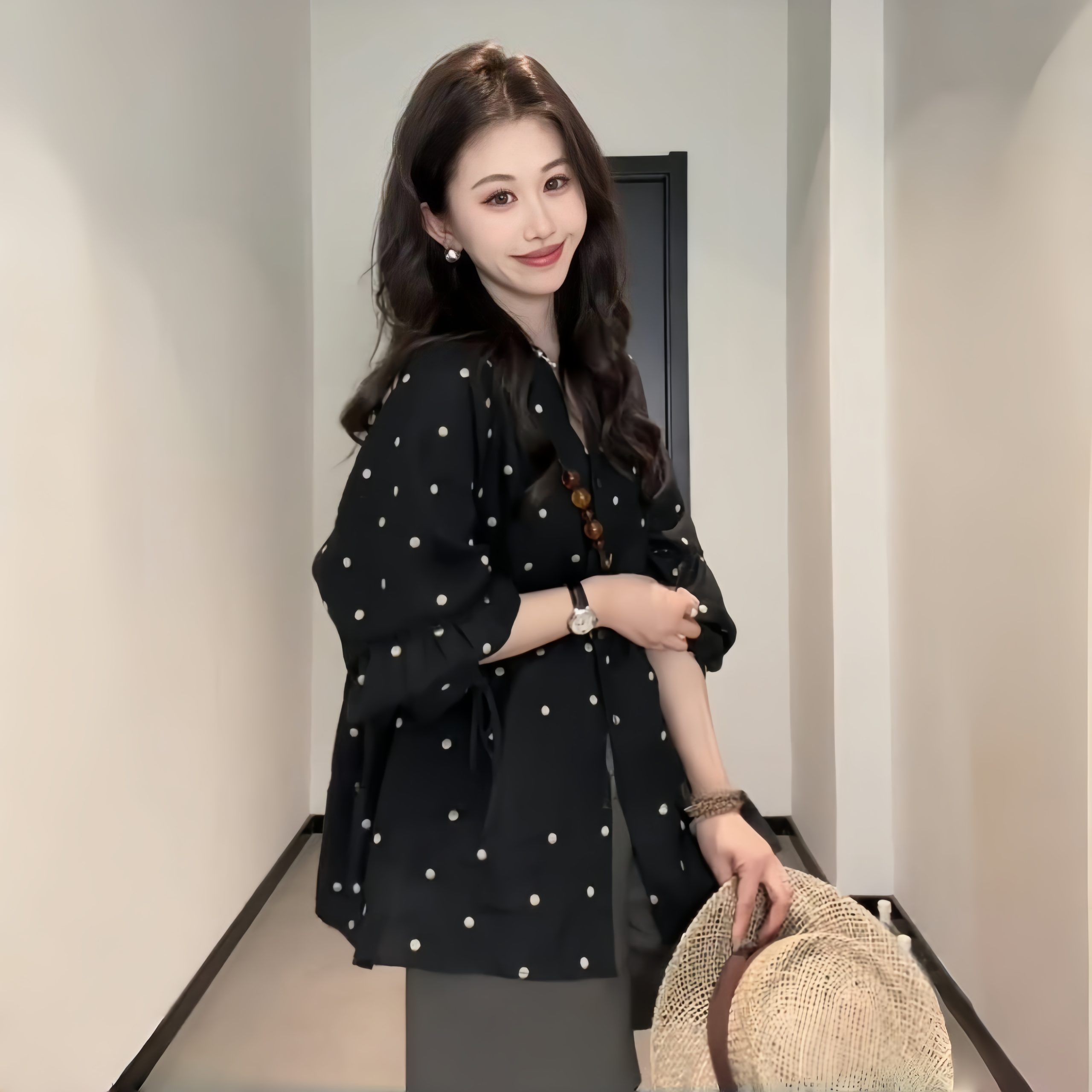 Plus-Size Black Polka Dot Long Sleeve Top with Lantern Sleeves - Minimalist Linen Spring Shirt for Curvy Women Plus-Size Black Polka Dot Long Sleeve Top with Lantern Sleeves - Minimalist Linen Spring Shirt for Curvy Women