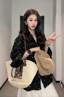 Plus-Size Black Polka Dot Long Sleeve Top with Lantern Sleeves - Minimalist Linen Spring Shirt for Curvy Women