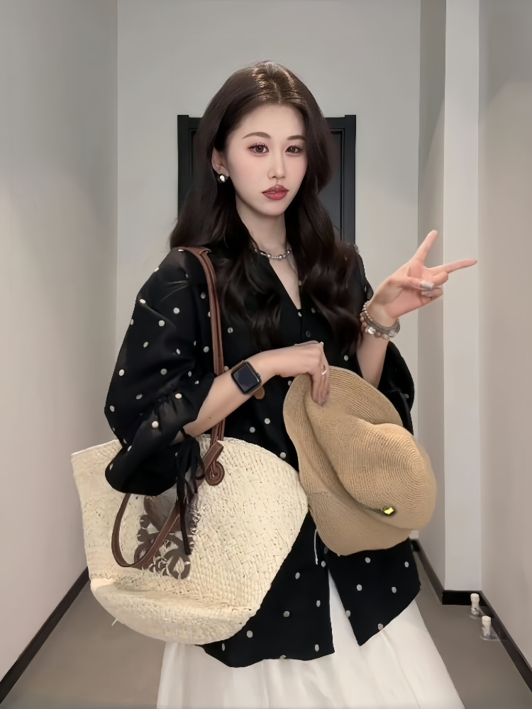 Plus-Size Black Polka Dot Long Sleeve Top with Lantern Sleeves - Minimalist Linen Spring Shirt for Curvy Women Plus-Size Black Polka Dot Long Sleeve Top with Lantern Sleeves - Minimalist Linen Spring Shirt for Curvy Women