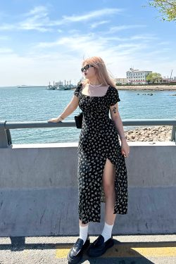 Plus Size Black Printed High Slit Dress - Sexy Summer Tea Party Style for Hot Girls, Trendy Y2K Fashion