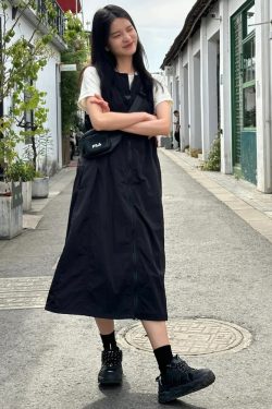 Plus Size Black Waist-Cinching Work Vest Dress for Women, Flattering Summer Strap Dress for Curvy Figures