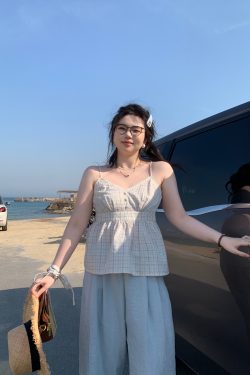 Plus Size Blue Plaid Bubble Cotton Camisole - Retro Korean Style Summer Top for Slightly Chubby Girls